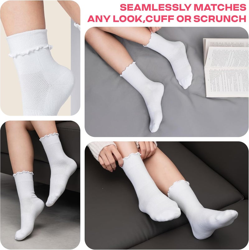 CoolMate Store 3 Pairs Womens Ruffle Socks, Cute Cotton Blend Crew Socks, Turn-Cuff Frilly Ankle Socks for Women - Image 5